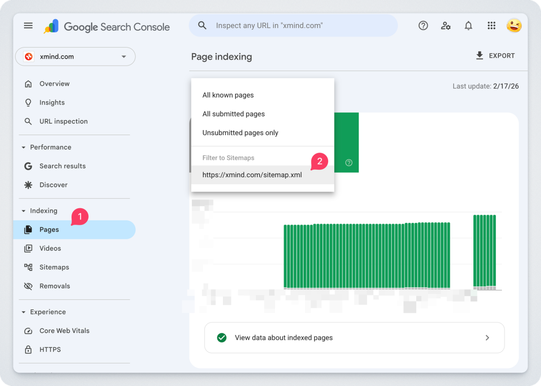 Google Search Console 中查看所有 Indexing,过滤出所有 sitemap.xml 文件中的 URL