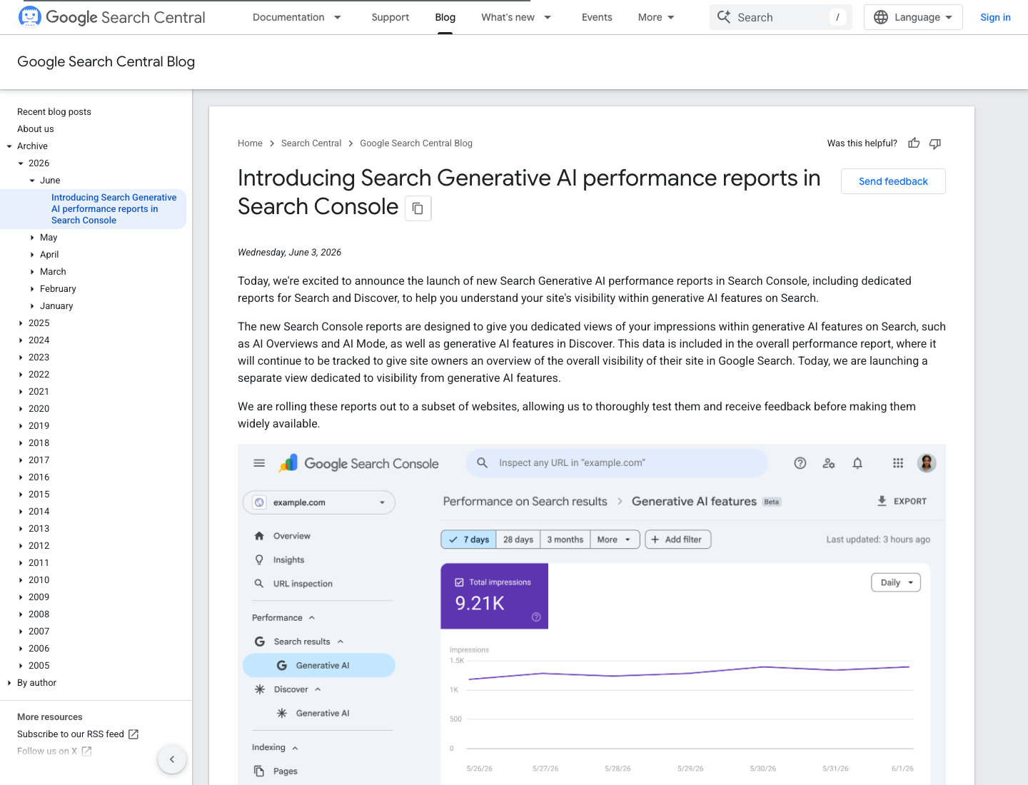 Google Search Central 关于 Search Generative AI performance reports 的官方公告截图