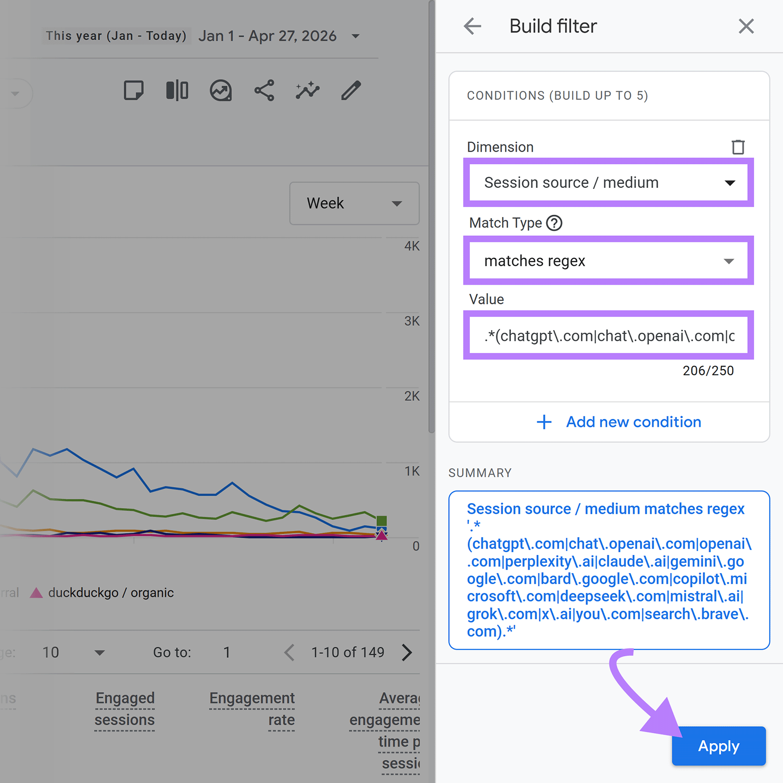 GA4 regex filter builder for AI referral traffic