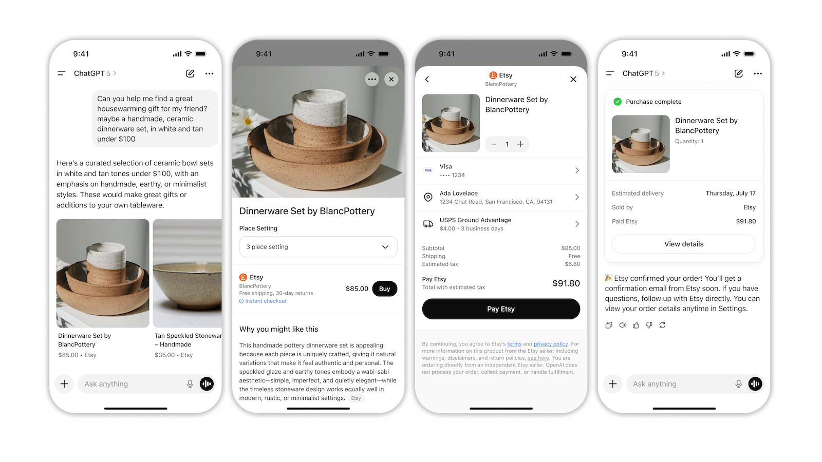 ChatGPT shopping flow from recommendation to checkout