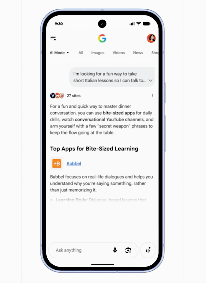 Highlighted Answers 在 AI Mode 推荐列表中展示广告的示意图