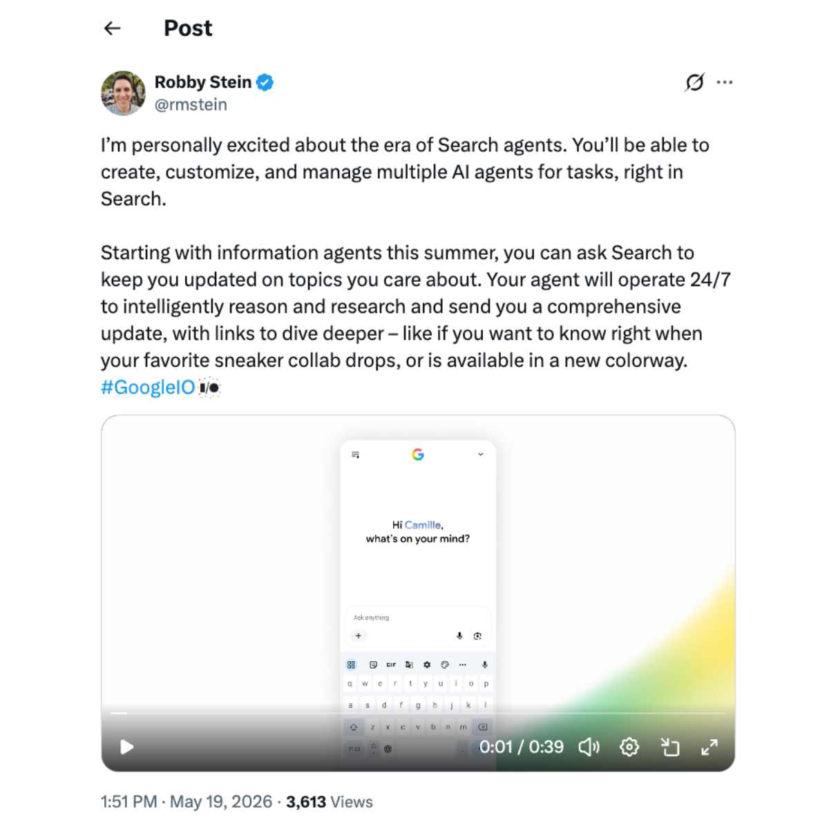 Google Search 产品负责人 Robby Stein 关于 Search agents 的帖子截图
