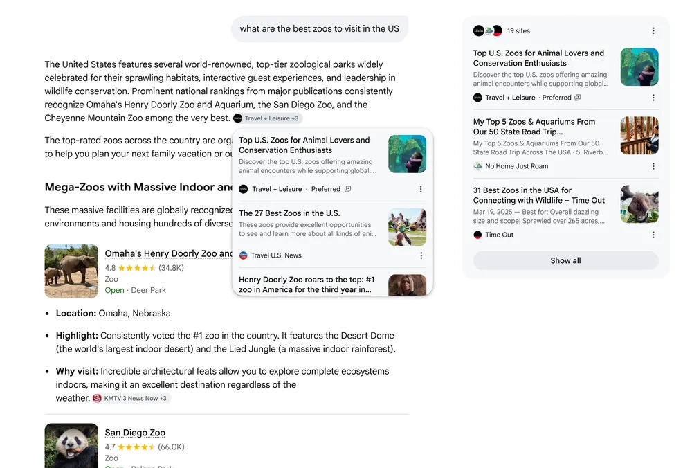 Google AI response 中带有 Preferred 标记的来源链接示意图
