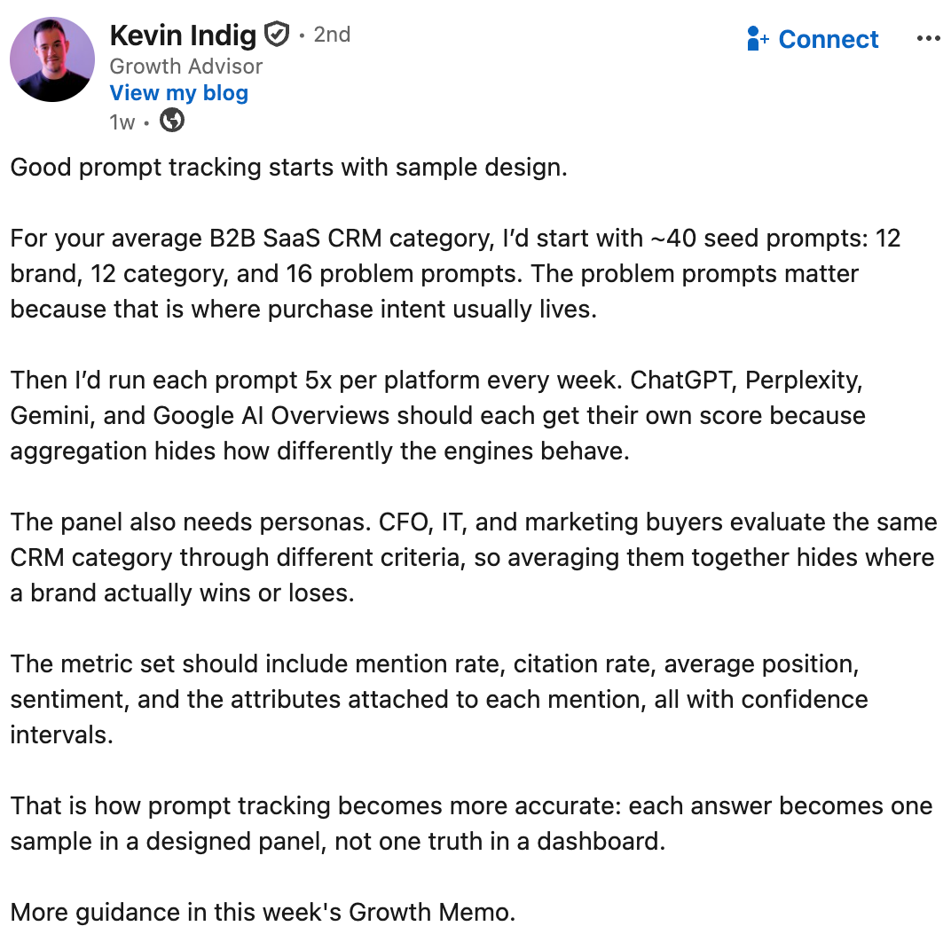 Kevin Indig 关于 AI prompt tracking 抽样方法的 LinkedIn 截图