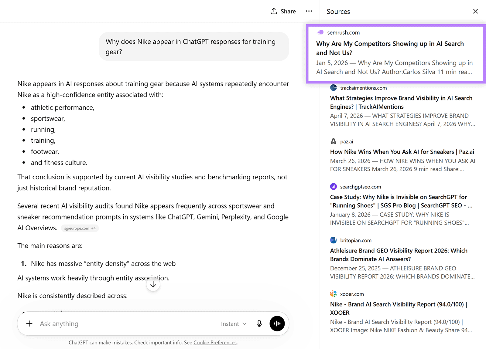 ChatGPT 回答中引用 Semrush 文章的截图