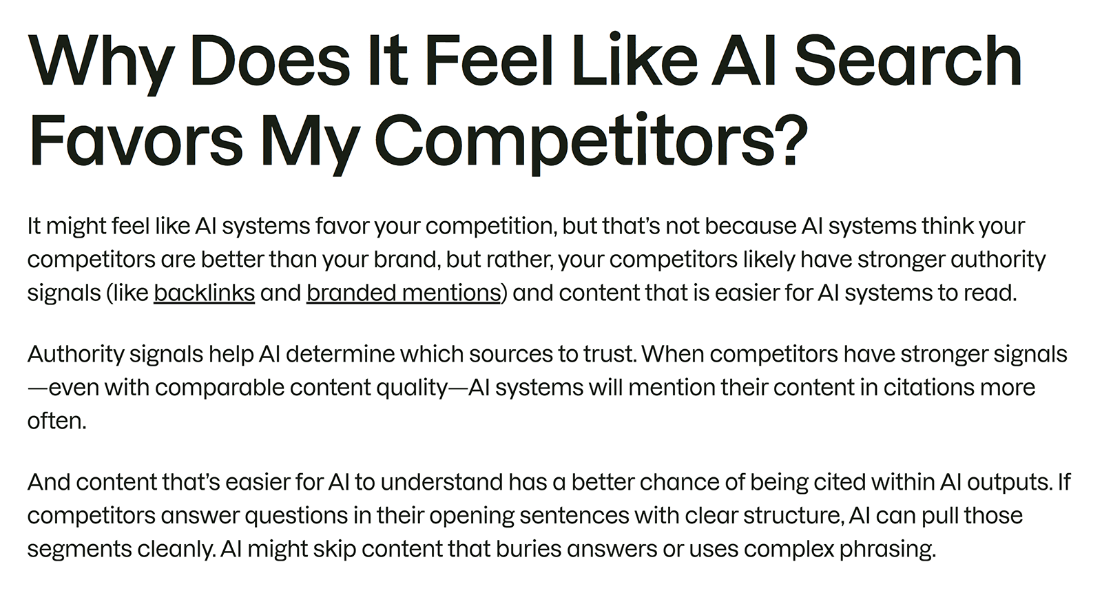 Semrush 文章中的 H2 截图,解释 AI Search 可能偏好竞争对手的原因
