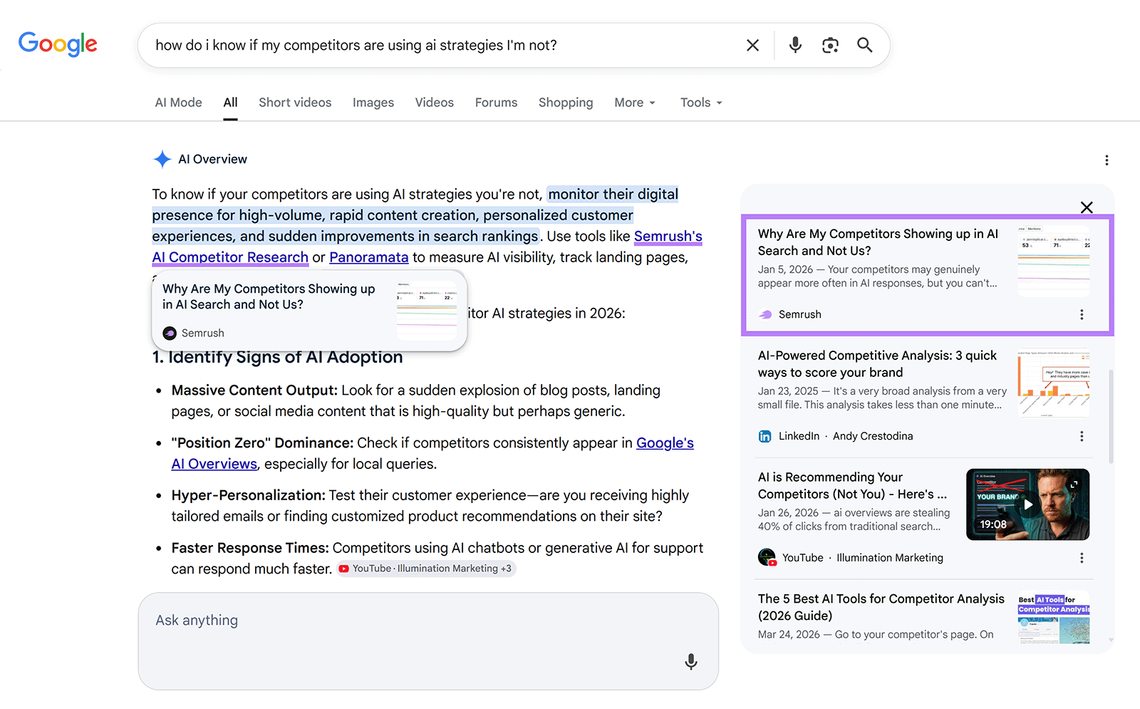 Google AI Overview 引用 Semrush 内容的截图